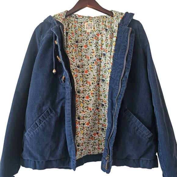 Roxy Navy Corduroy Toggle Jacket Women’s Floral Lined Hooded Coat Large - Picture 5 of 9